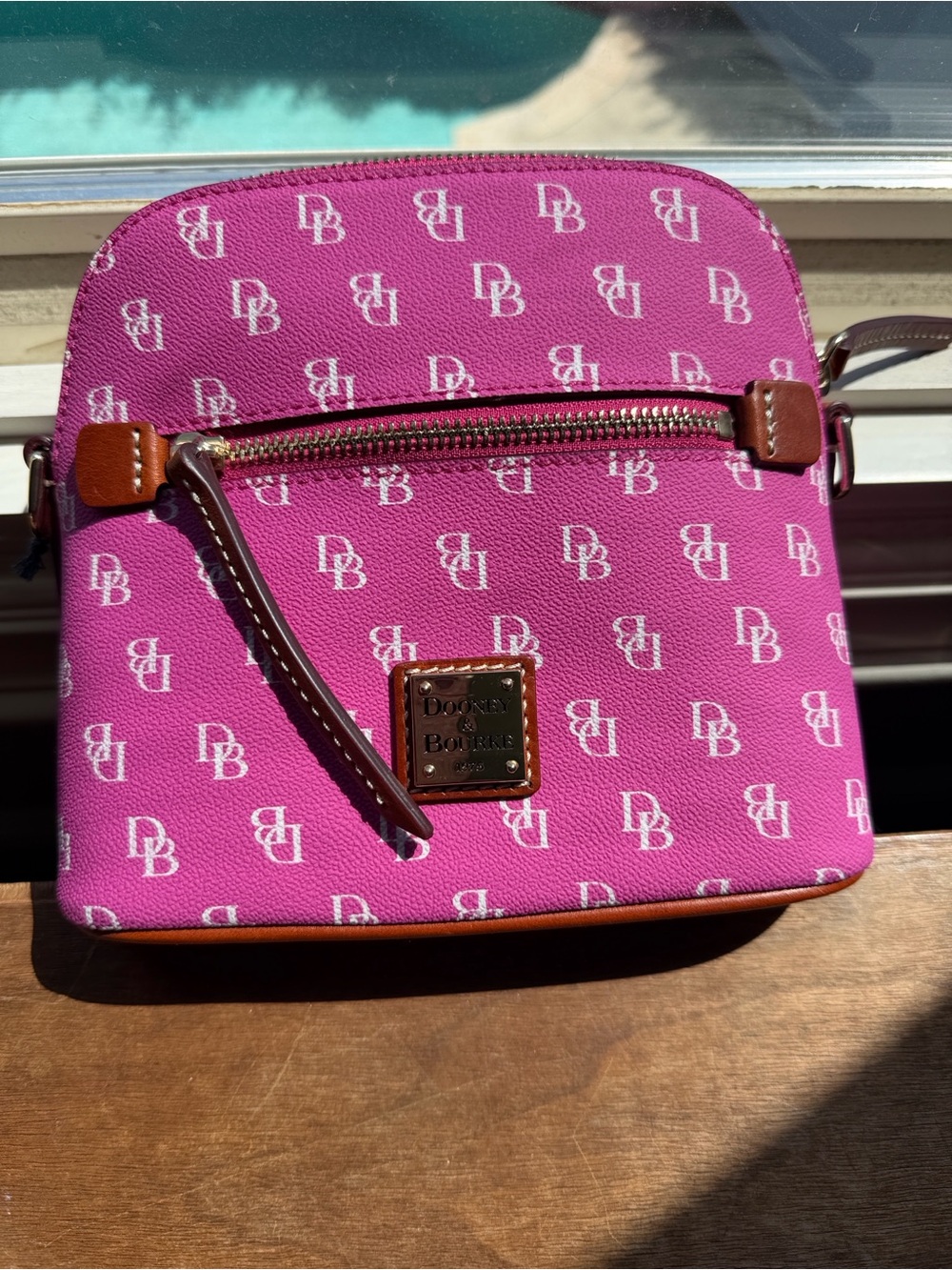 Dooney & Bourke Hot Pink Logo Crossbody with Tan Trim